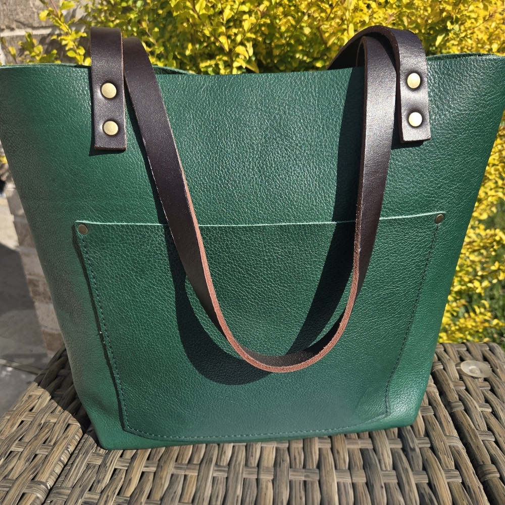 Portland Leather Forest Green Medium Tote with Dark Brown Straps - EUC